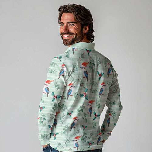 Australia Christmas Long Sleeve Polo Shirt Aussie Kookaburra Watercolor Seamless Style - Aussie Hoodie