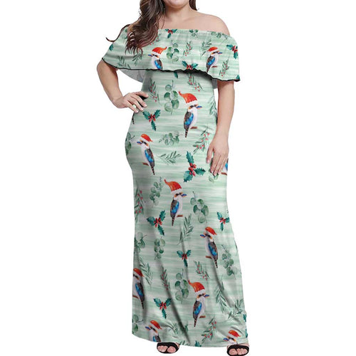 Australia Christmas Off Shoulder Maxi Dress Aussie Kookaburra Watercolor Seamless Style - Aussie Hoodie