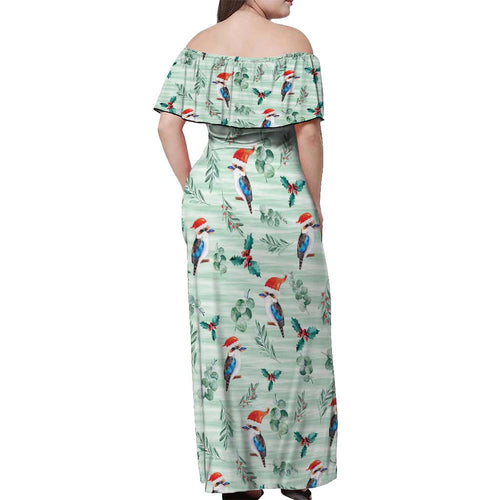 Australia Christmas Off Shoulder Maxi Dress Aussie Kookaburra Watercolor Seamless Style - Aussie Hoodie