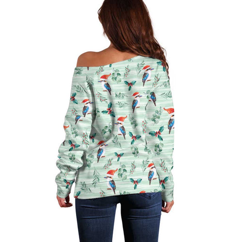 Australia Christmas Off Shoulder Sweater Aussie Kookaburra Watercolor Seamless Style - Aussie Hoodie