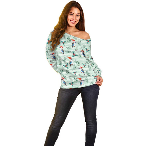 Australia Christmas Off Shoulder Sweater Aussie Kookaburra Watercolor Seamless Style - Aussie Hoodie