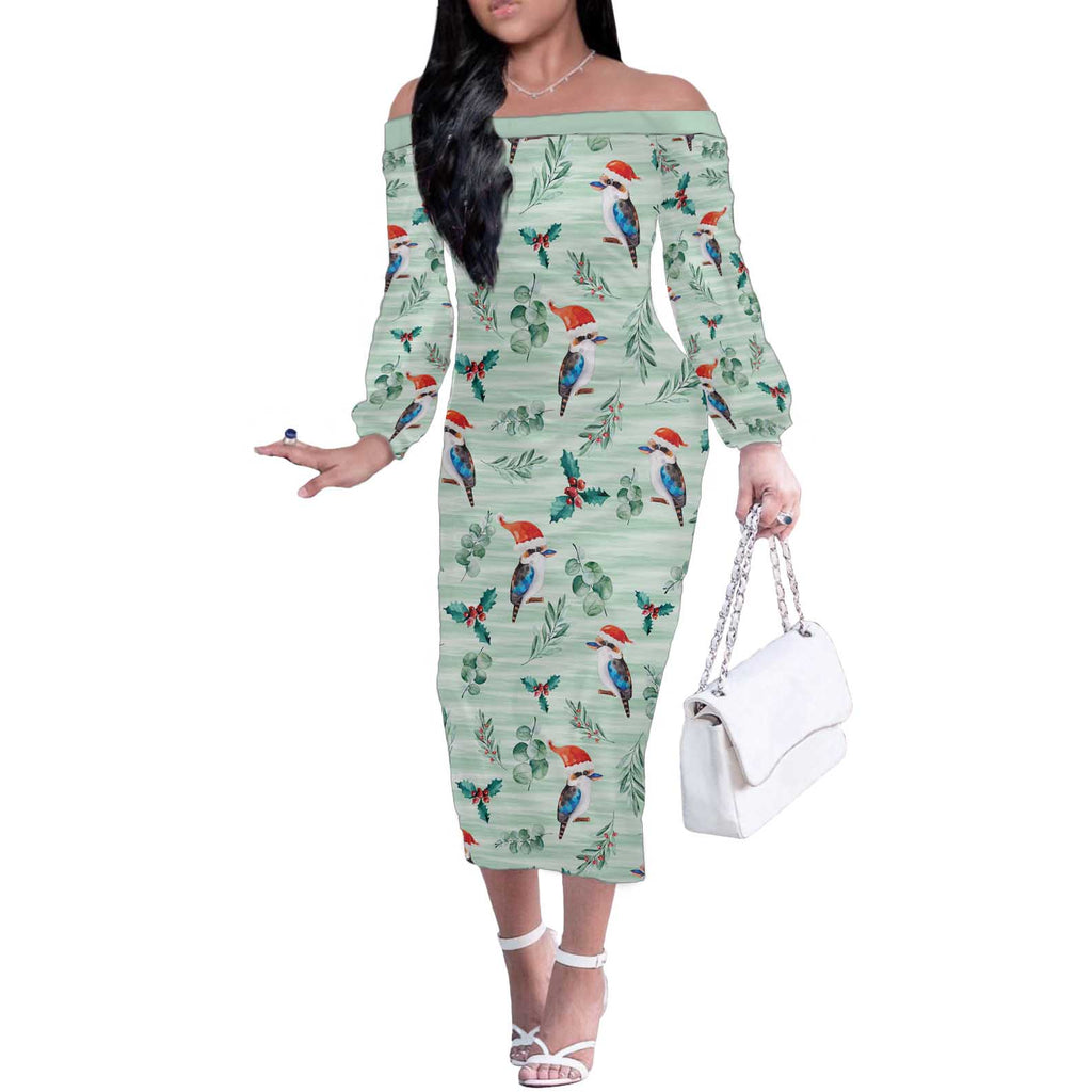 Australia Christmas Off The Shoulder Long Sleeve Dress Aussie Kookaburra Watercolor Seamless Style - Aussie Hoodie