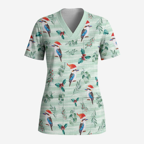 Australia Christmas Scrub Top Aussie Kookaburra Watercolor Seamless Style - Aussie Hoodie