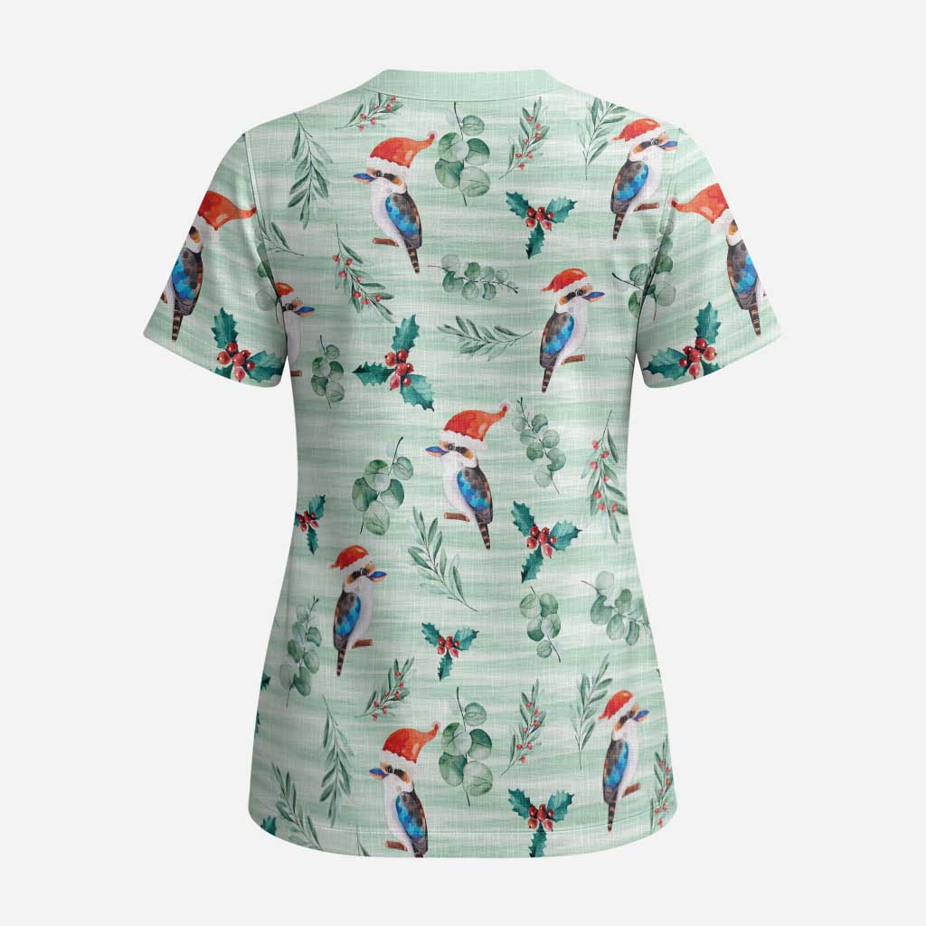 Australia Christmas Scrub Top Aussie Kookaburra Watercolor Seamless Style - Aussie Hoodie