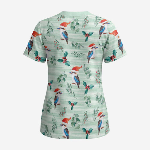 Australia Christmas Scrub Top Aussie Kookaburra Watercolor Seamless Style - Aussie Hoodie