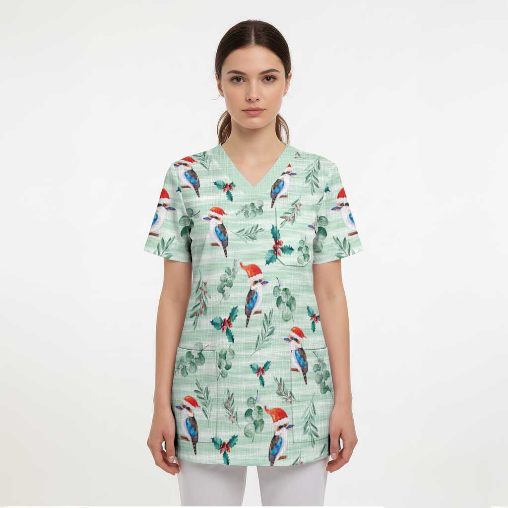 Australia Christmas Scrub Top Aussie Kookaburra Watercolor Seamless Style - Aussie Hoodie