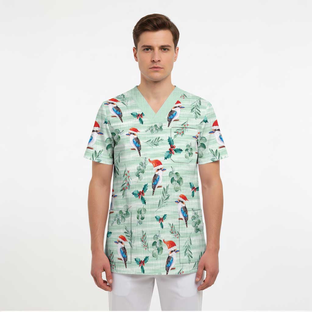 Australia Christmas Scrub Top Aussie Kookaburra Watercolor Seamless Style - Aussie Hoodie