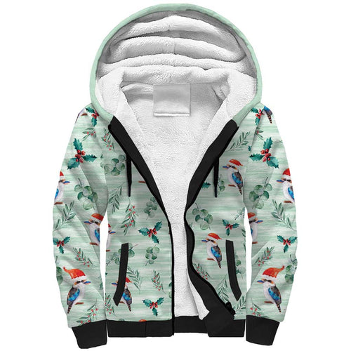 Australia Christmas Sherpa Hoodie Aussie Kookaburra Watercolor Seamless Style - Aussie Hoodie