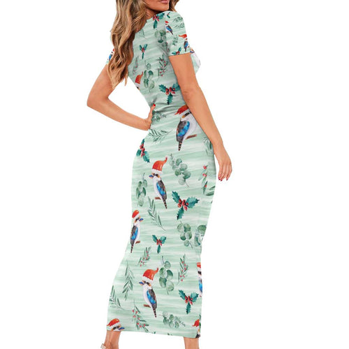 Australia Christmas Short Sleeve Bodycon Dress Aussie Kookaburra Watercolor Seamless Style - Aussie Hoodie
