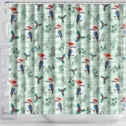 Australia Christmas Shower Curtain Aussie Kookaburra Watercolor Seamless Style - Aussie Hoodie