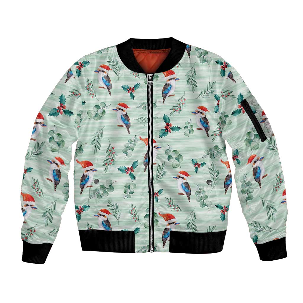 Australia Christmas Sleeve Zip Bomber Jacket Aussie Kookaburra Watercolor Seamless Style - Aussie Hoodie