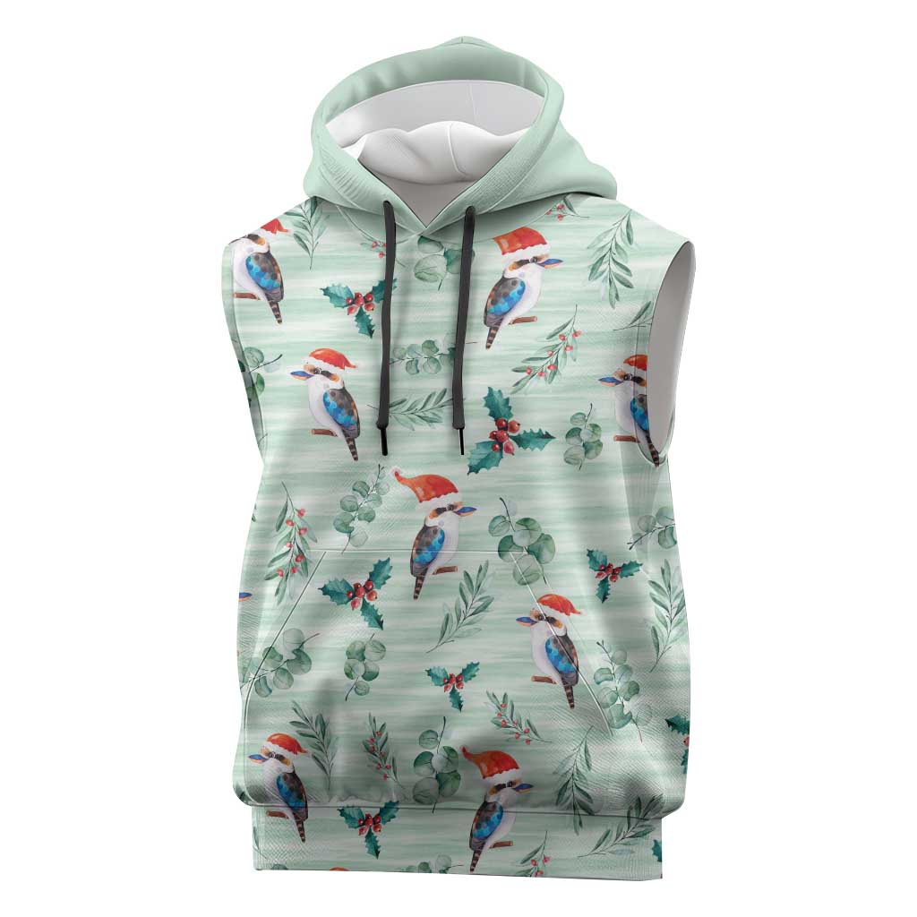 Australia Christmas Sleeveless Hoodie Aussie Kookaburra Watercolor Seamless Style - Aussie Hoodie