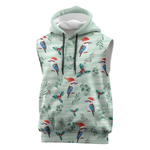 Australia Christmas Sleeveless Hoodie Aussie Kookaburra Watercolor Seamless Style - Aussie Hoodie