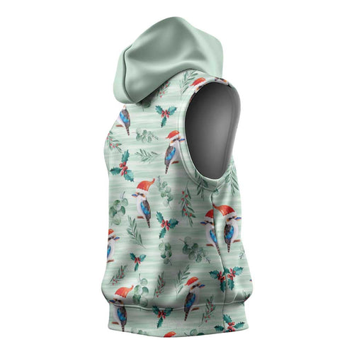 Australia Christmas Sleeveless Hoodie Aussie Kookaburra Watercolor Seamless Style - Aussie Hoodie