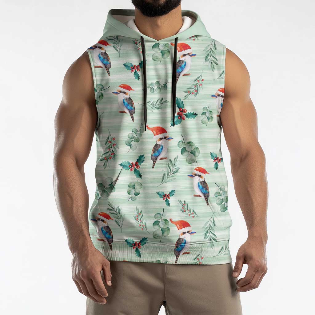 Australia Christmas Sleeveless Hoodie Aussie Kookaburra Watercolor Seamless Style - Aussie Hoodie