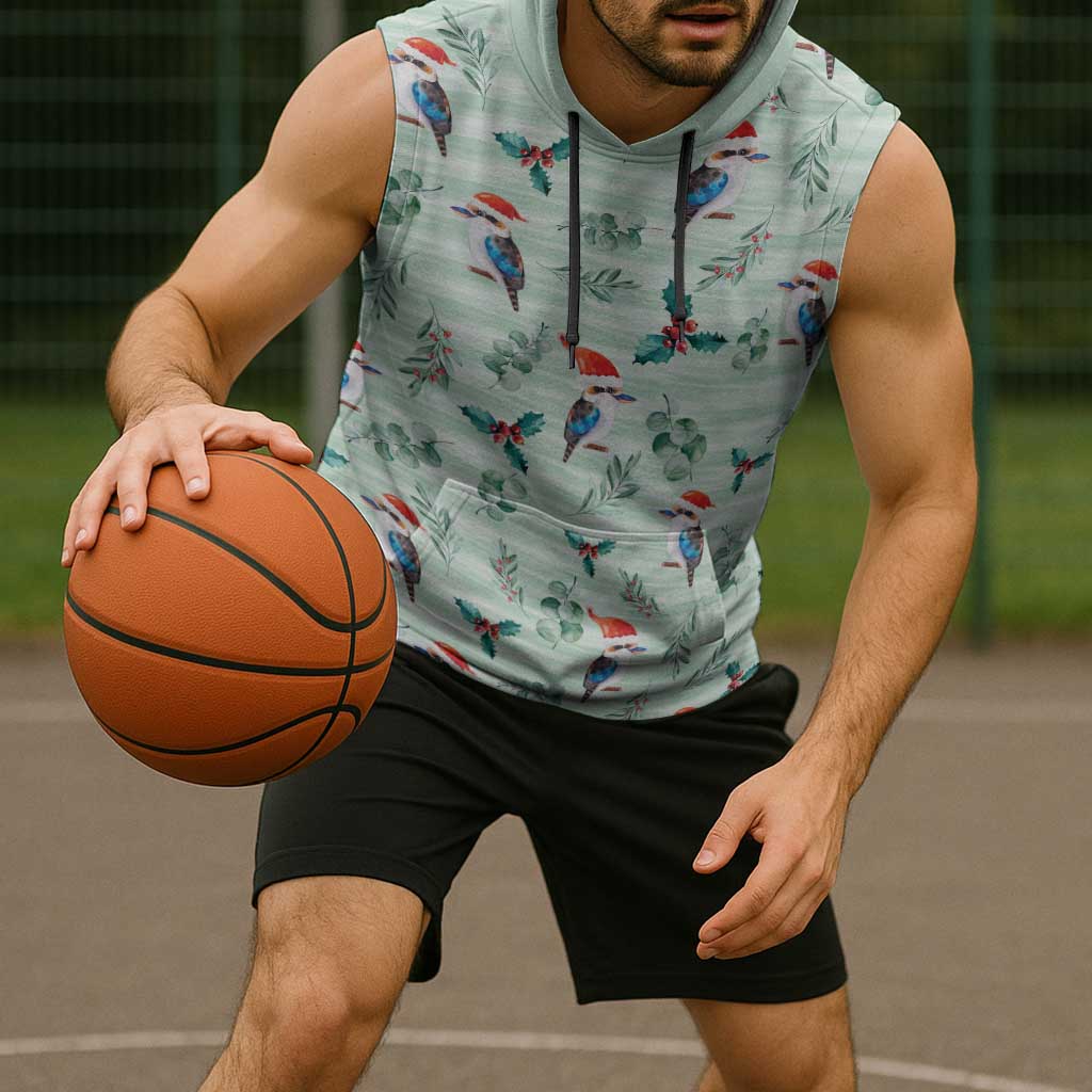 Australia Christmas Sleeveless Hoodie Aussie Kookaburra Watercolor Seamless Style - Aussie Hoodie