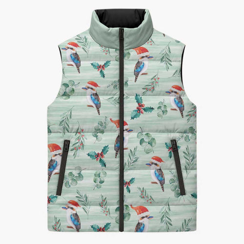 Australia Christmas Sleeveless Puffer Jacket Aussie Kookaburra Watercolor Seamless Style - Aussie Hoodie