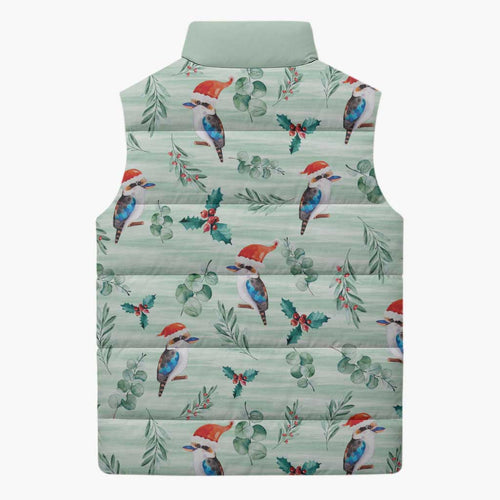 Australia Christmas Sleeveless Puffer Jacket Aussie Kookaburra Watercolor Seamless Style - Aussie Hoodie