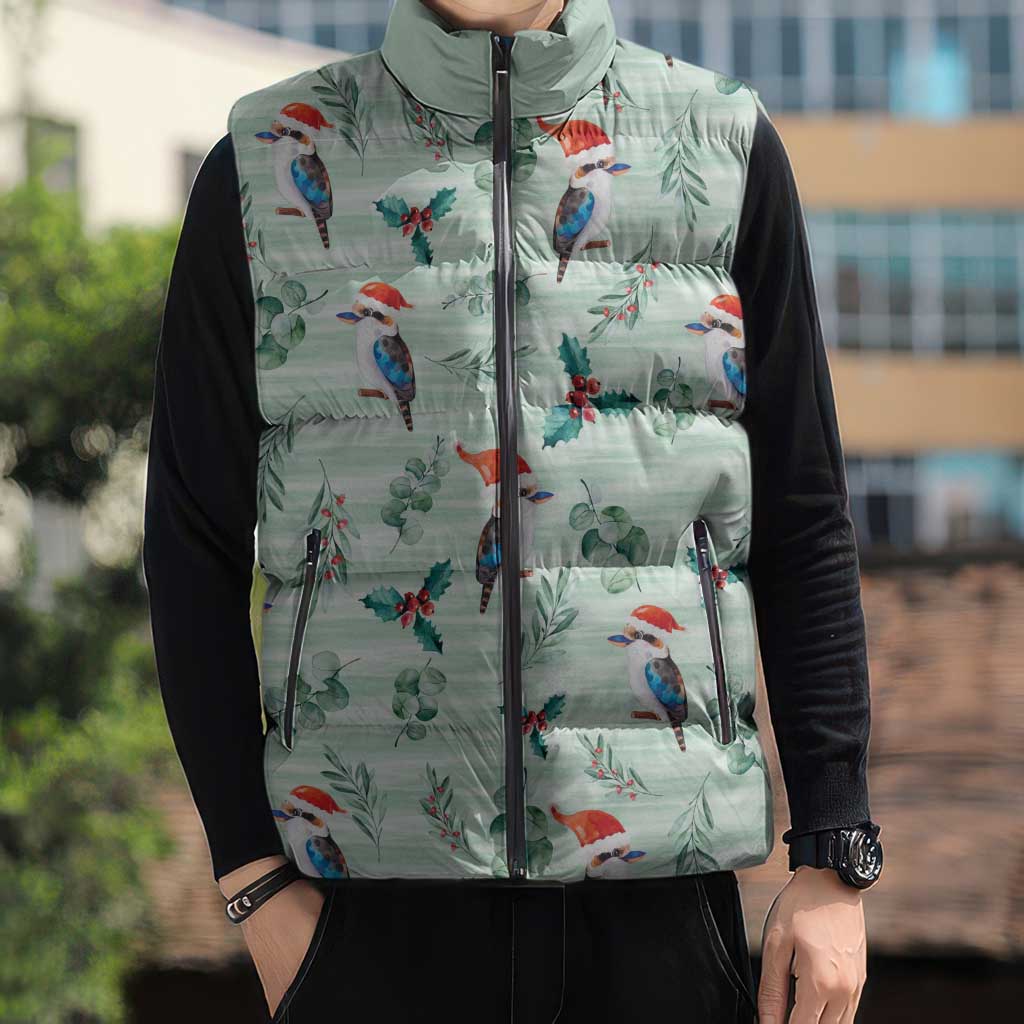 Australia Christmas Sleeveless Puffer Jacket Aussie Kookaburra Watercolor Seamless Style - Aussie Hoodie