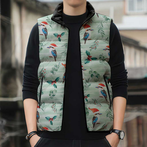 Australia Christmas Sleeveless Puffer Jacket Aussie Kookaburra Watercolor Seamless Style - Aussie Hoodie