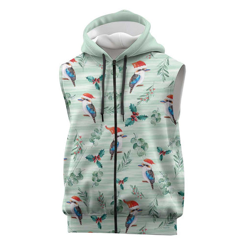 Australia Christmas Sleeveless Zip Hoodie Aussie Kookaburra Watercolor Seamless Style LT14