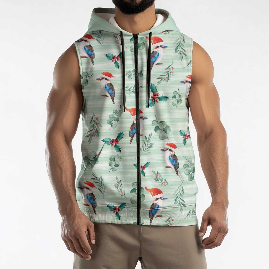 Australia Christmas Sleeveless Zip Hoodie Aussie Kookaburra Watercolor Seamless Style LT14
