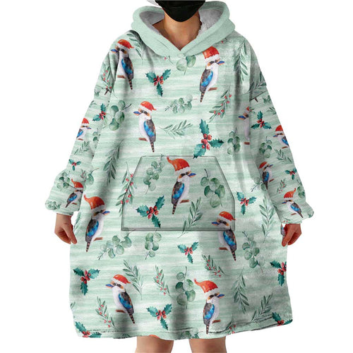 Australia Christmas Wearable Blanket Hoodie Aussie Kookaburra Watercolor Seamless Style - Aussie Hoodie