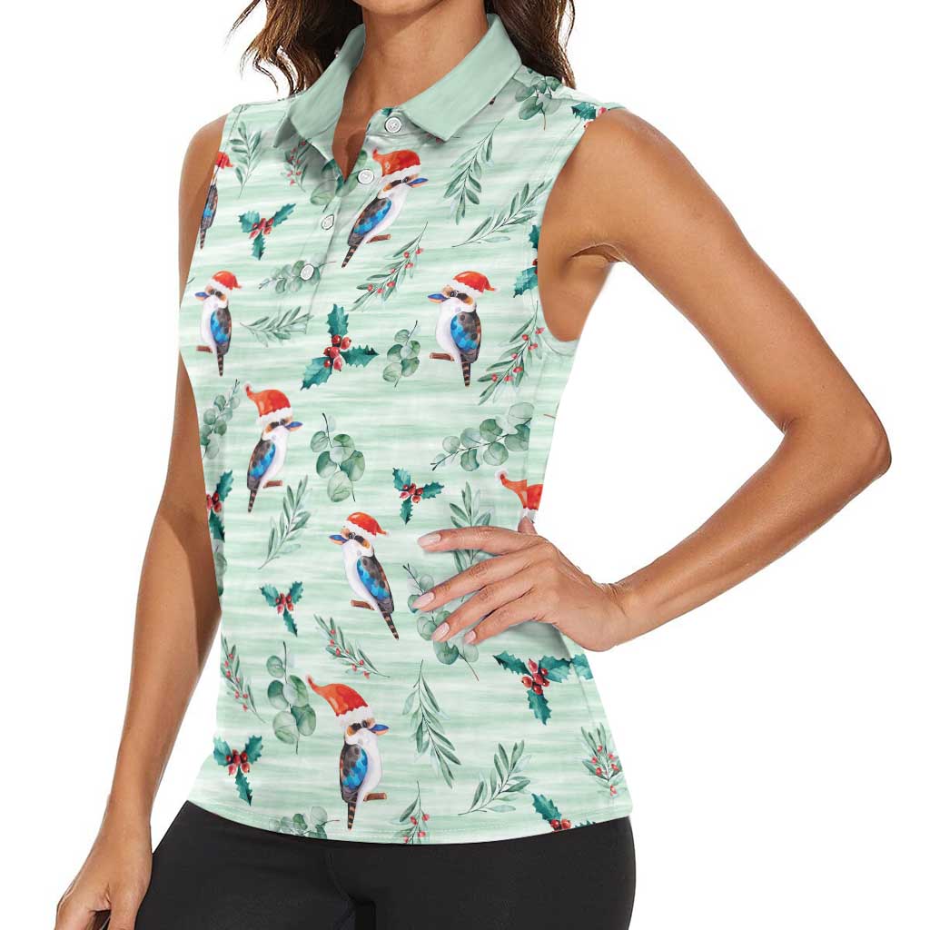 Australia Christmas Women Sleeveless Polo Shirt Aussie Kookaburra Watercolor Seamless Style - Aussie Hoodie