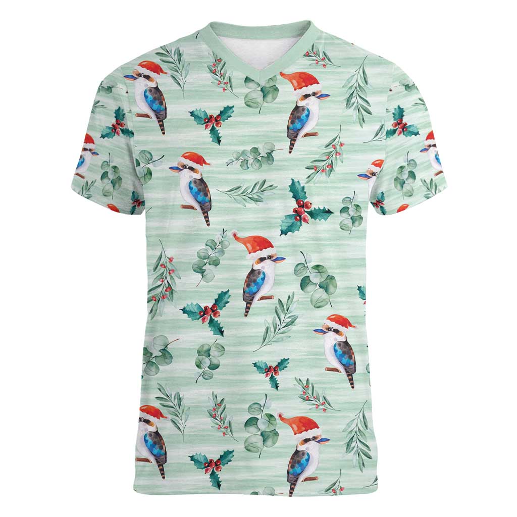Australia Christmas Women V-Neck T-Shirt Aussie Kookaburra Watercolor Seamless Style - Aussie Hoodie