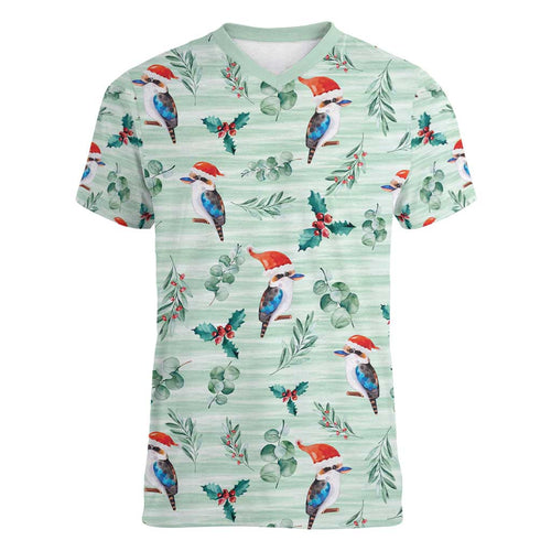 Australia Christmas Women V-Neck T-Shirt Aussie Kookaburra Watercolor Seamless Style - Aussie Hoodie