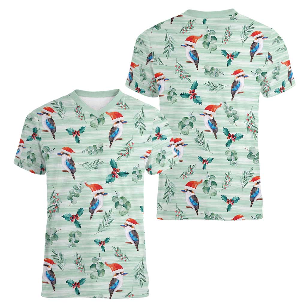 Australia Christmas Women V-Neck T-Shirt Aussie Kookaburra Watercolor Seamless Style - Aussie Hoodie
