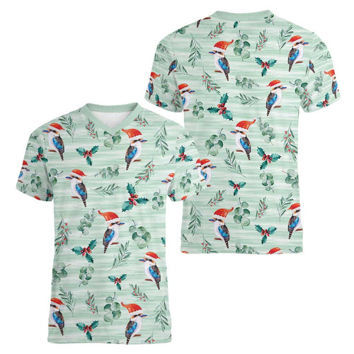 Australia Christmas Women V-Neck T-Shirt Aussie Kookaburra Watercolor Seamless Style - Aussie Hoodie
