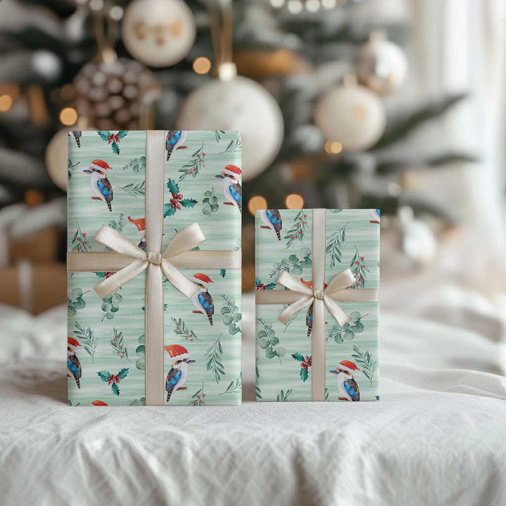 Australia Christmas Wrapping Paper Aussie Kookaburra Watercolor Seamless Style - Aussie Hoodie
