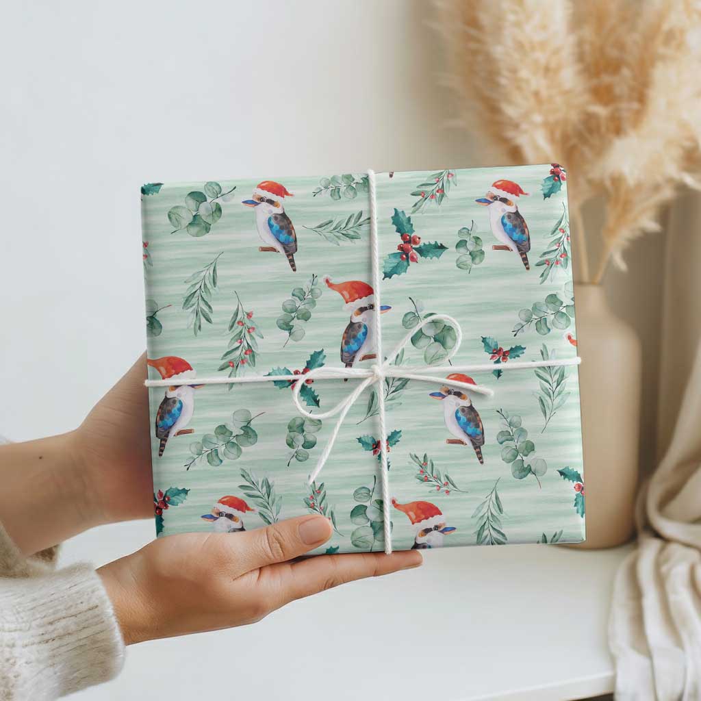 Australia Christmas Wrapping Paper Aussie Kookaburra Watercolor Seamless Style - Aussie Hoodie
