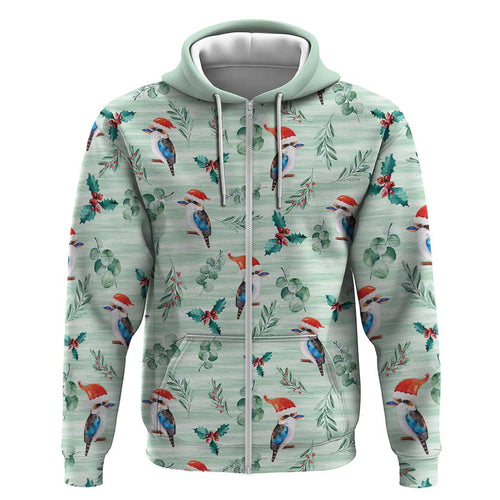 Australia Christmas Zip Hoodie Aussie Kookaburra Watercolor Seamless Style - Aussie Hoodie