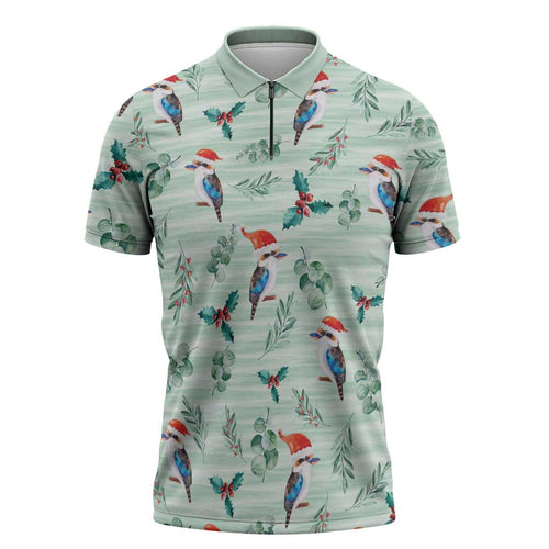 Australia Christmas Zipper Polo Shirt Aussie Kookaburra Watercolor Seamless Style - Aussie Hoodie