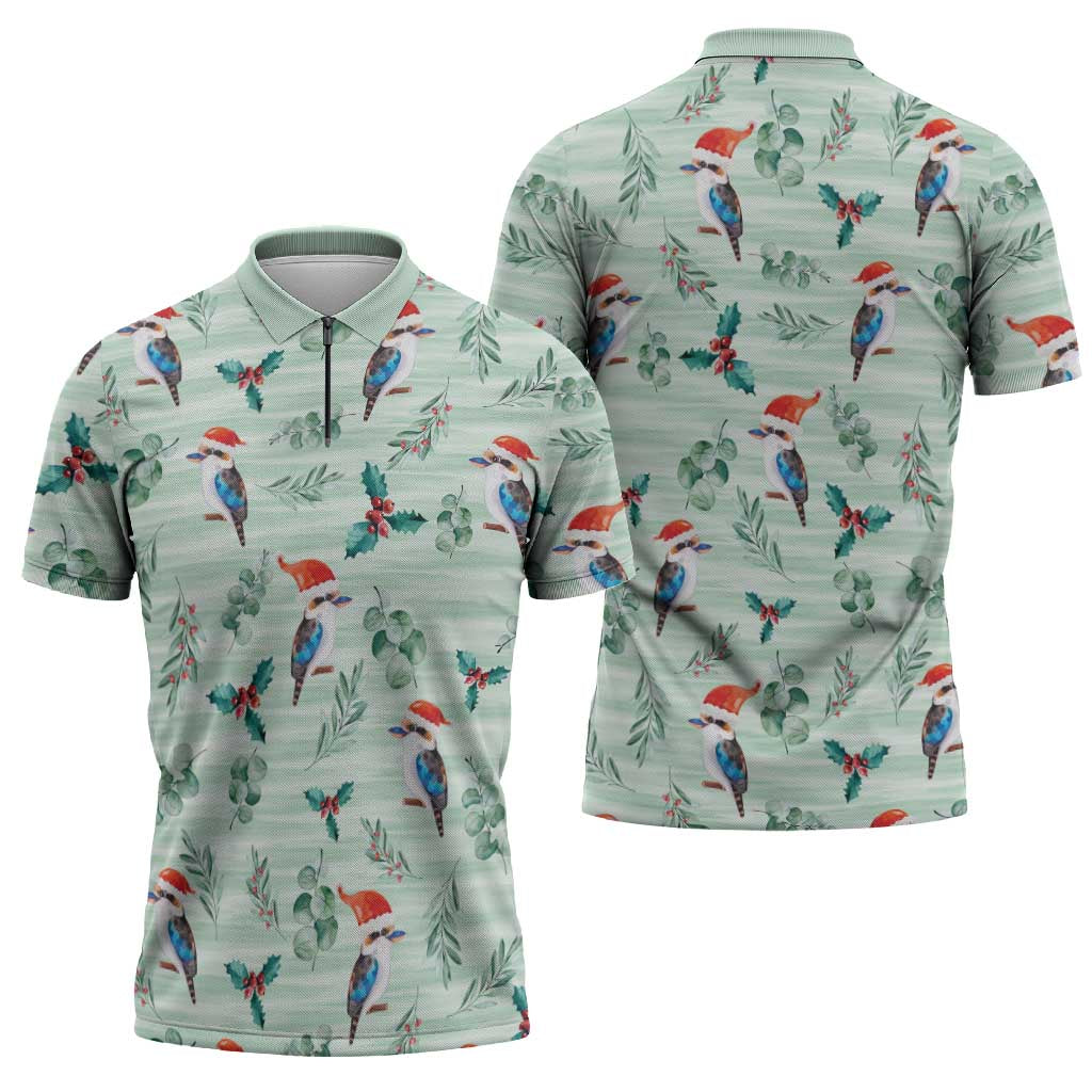 Australia Christmas Zipper Polo Shirt Aussie Kookaburra Watercolor Seamless Style - Aussie Hoodie