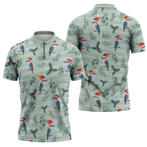 Australia Christmas Zipper Polo Shirt Aussie Kookaburra Watercolor Seamless Style - Aussie Hoodie