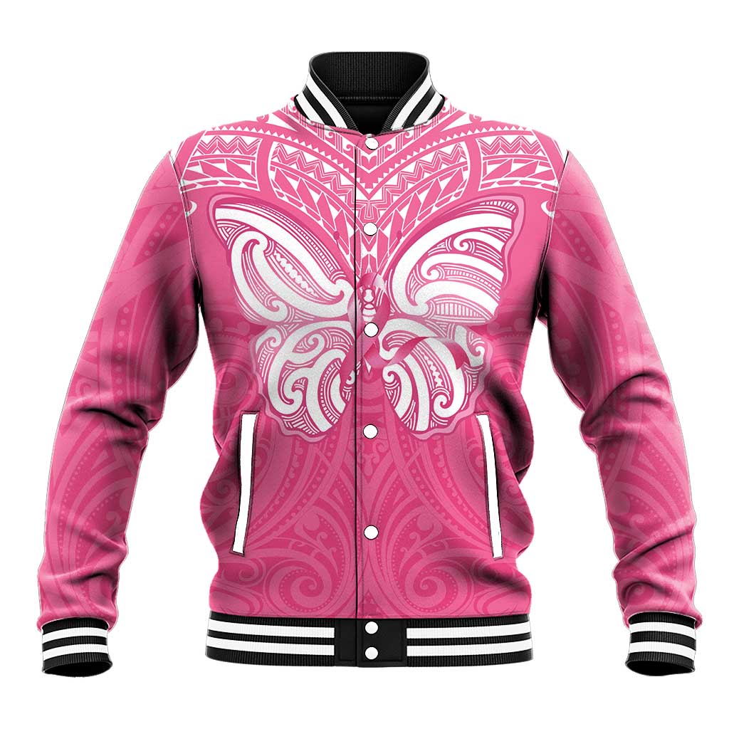 New Zealand Breast Cancer Awareness Baseball Jacket Maori Butterfly Pink Ribbon - Aussie Hoodie