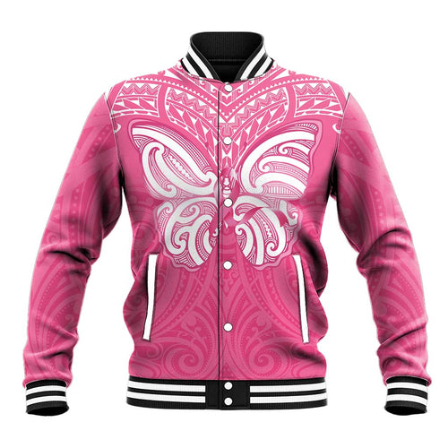 New Zealand Breast Cancer Awareness Baseball Jacket Maori Butterfly Pink Ribbon - Aussie Hoodie