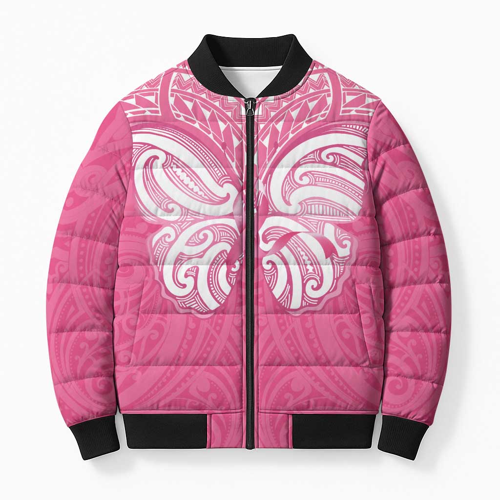 New Zealand Breast Cancer Awareness Bomber Puffer Jacket Maori Butterfly Pink Ribbon - Aussie Hoodie