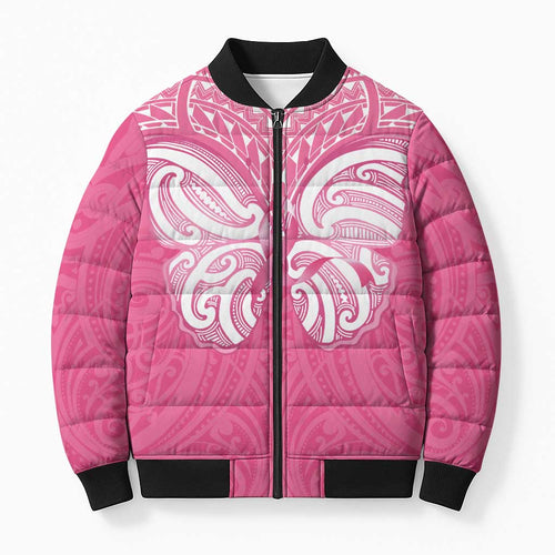 New Zealand Breast Cancer Awareness Bomber Puffer Jacket Maori Butterfly Pink Ribbon - Aussie Hoodie