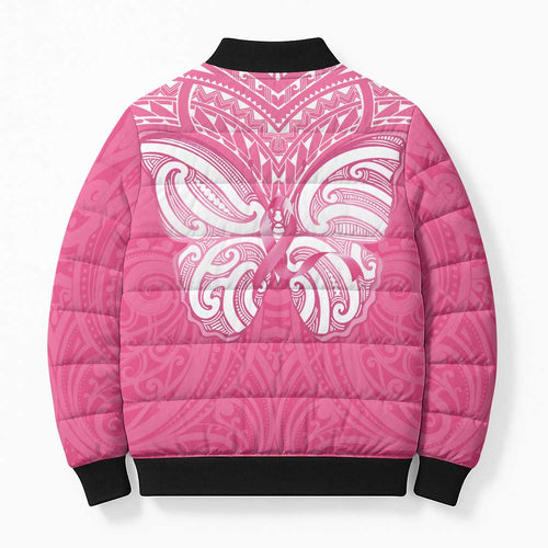 New Zealand Breast Cancer Awareness Bomber Puffer Jacket Maori Butterfly Pink Ribbon - Aussie Hoodie