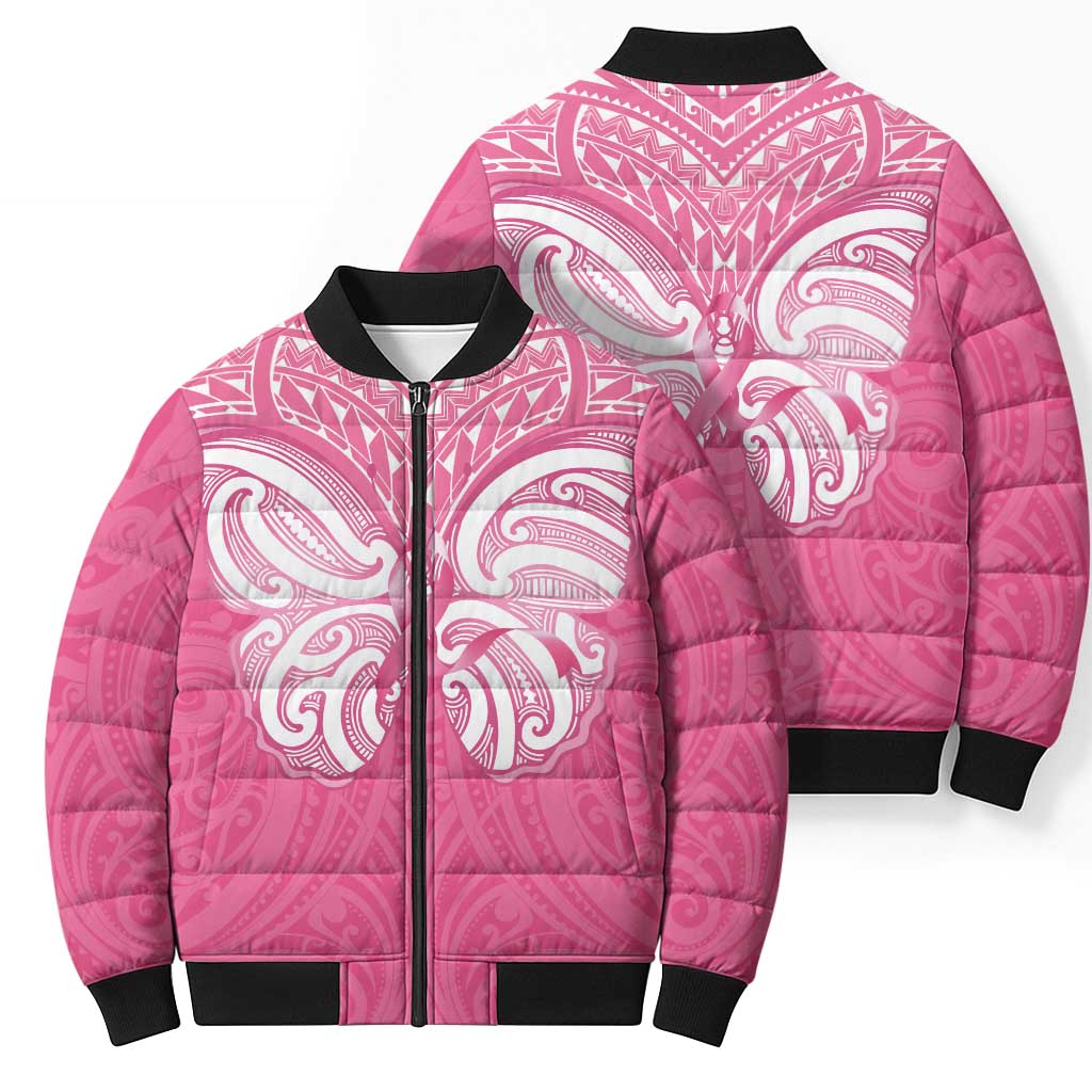 New Zealand Breast Cancer Awareness Bomber Puffer Jacket Maori Butterfly Pink Ribbon - Aussie Hoodie