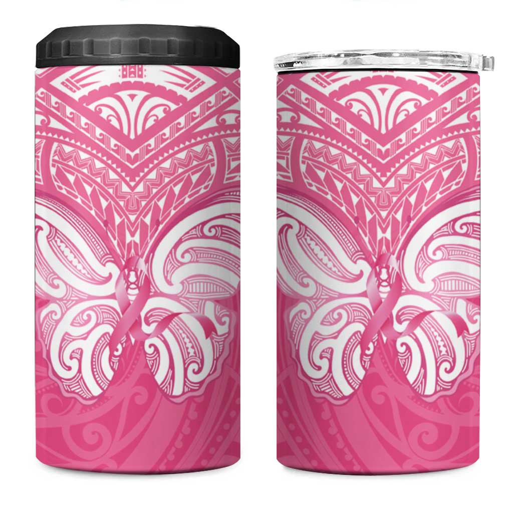 New Zealand Breast Cancer Awareness 4 in 1 Can Cooler Tumbler Maori Butterfly Pink Ribbon - Aussie Hoodie