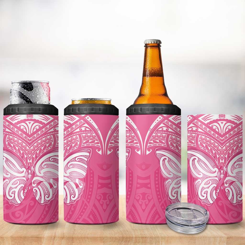 New Zealand Breast Cancer Awareness 4 in 1 Can Cooler Tumbler Maori Butterfly Pink Ribbon - Aussie Hoodie