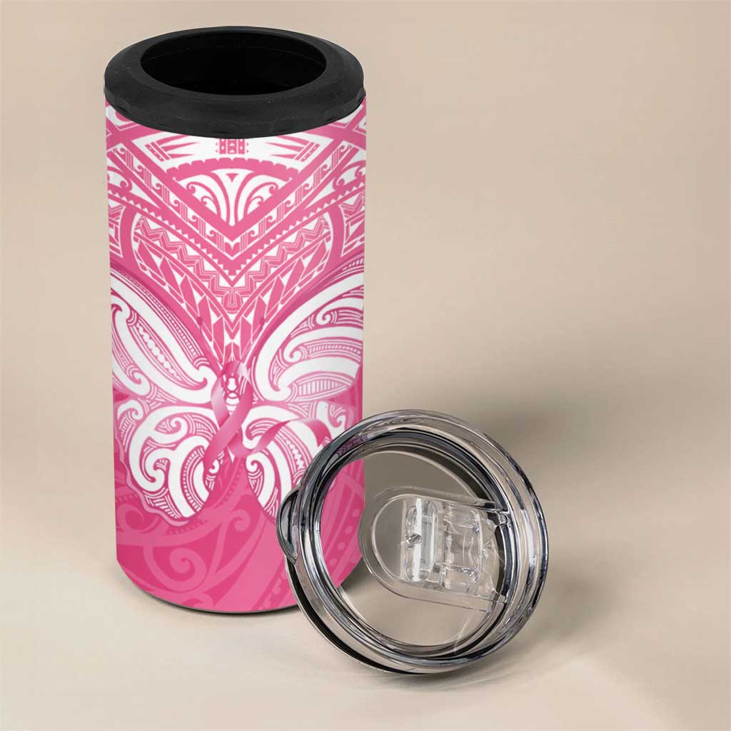New Zealand Breast Cancer Awareness 4 in 1 Can Cooler Tumbler Maori Butterfly Pink Ribbon - Aussie Hoodie