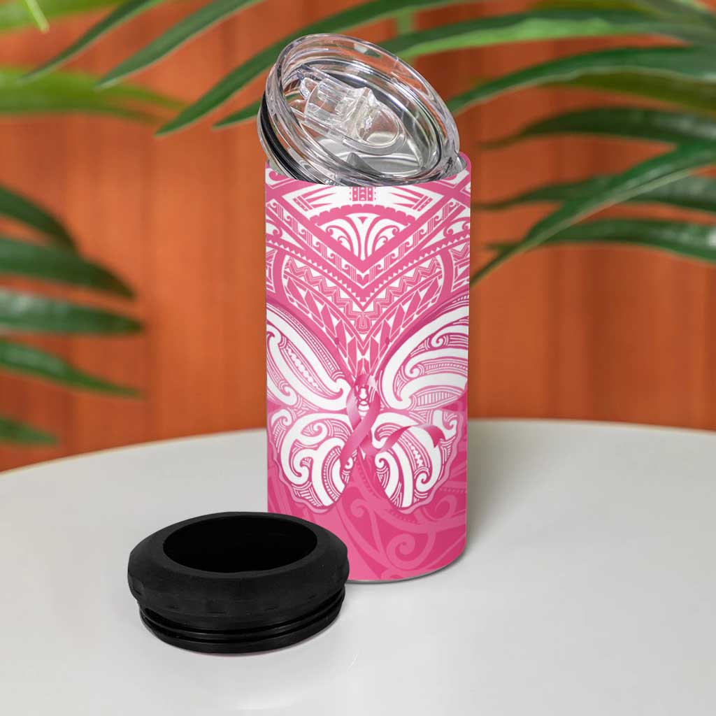 New Zealand Breast Cancer Awareness 4 in 1 Can Cooler Tumbler Maori Butterfly Pink Ribbon - Aussie Hoodie