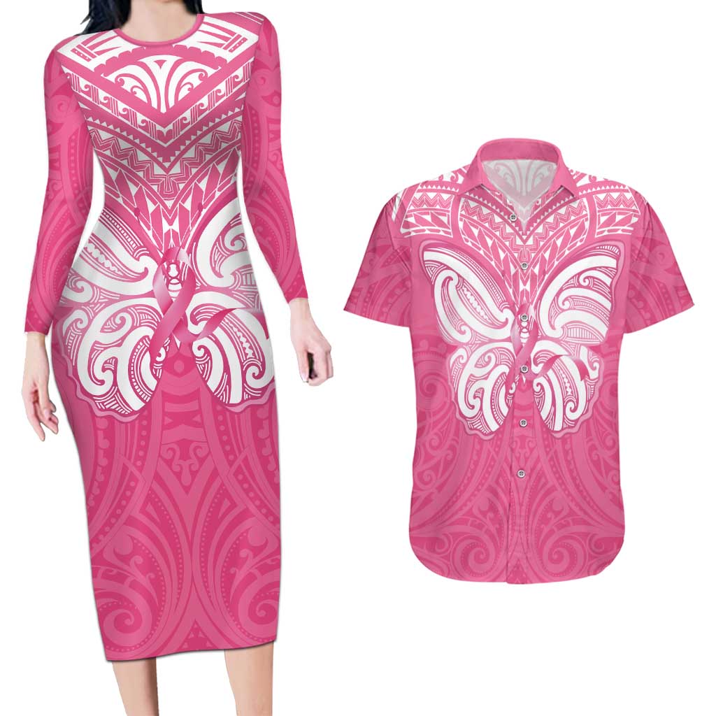 New Zealand Breast Cancer Awareness Couples Matching Long Sleeve Bodycon Dress and Hawaiian Shirt Maori Butterfly Pink Ribbon - Aussie Hoodie