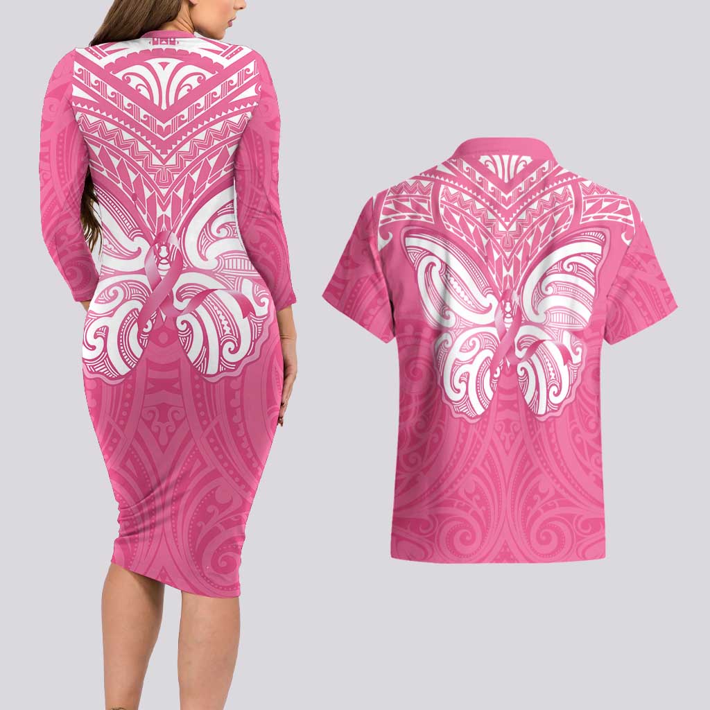 New Zealand Breast Cancer Awareness Couples Matching Long Sleeve Bodycon Dress and Hawaiian Shirt Maori Butterfly Pink Ribbon - Aussie Hoodie